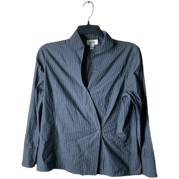 Talbots Vintage Striped Shirt Women 12 Long Sleeve Asymmetrical Collared  Formal - Picture 1 of 8